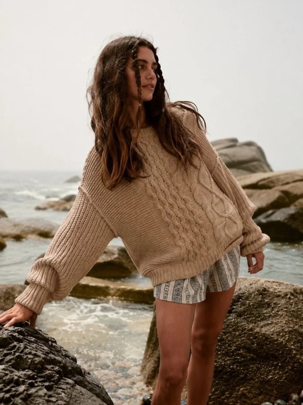 🆕 FREE PEOPLE Frankie Cable Cotton Pullover Sweater Camel Large - Picture 2 of 15